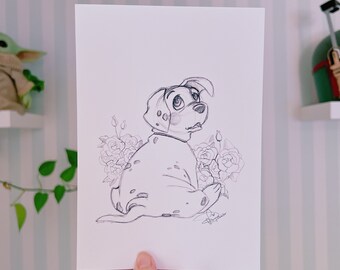 May include: A black and white pencil drawing of a Dalmatian puppy sitting with its head turned to the side. The puppy is surrounded by flowers.