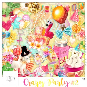 Peut inclure: Un kit de scrapbooking numérique sur le thème d'une fête fantaisiste. Le kit comprend des images d'une licorne, d'un flamant rose, d'une machine à barbe à papa, d'une montgolfière et d'autres décorations de fête. Le kit est parfait pour créer des invitations, des décorations de fête et d'autres projets liés à la fête.