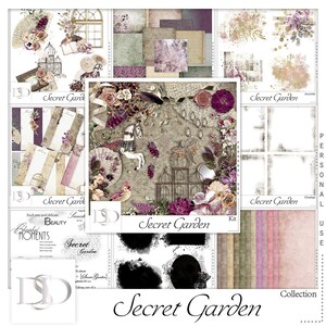Puede incluir: Un kit de scrapbooking digital con una estética vintage que presenta una jaula de pájaros, flores y el texto "Secret Garden".