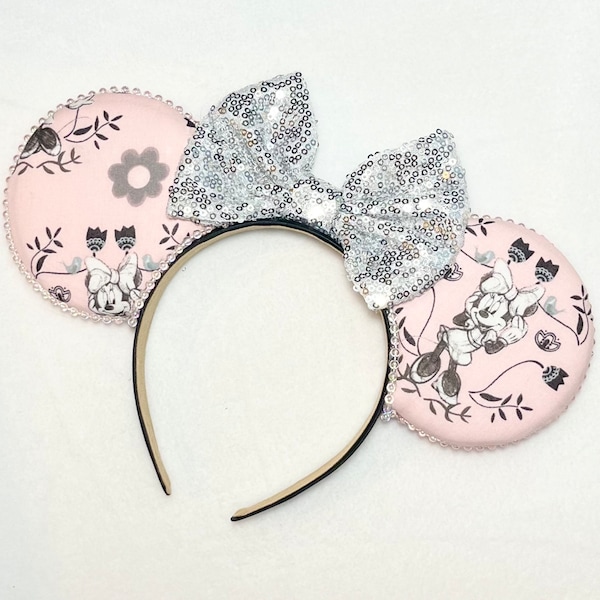 Minnie Sketch Pink Floral Headband Theme Park Mickey Minnie Vacation Mouse Ears Bow Costume for Kids and Adults