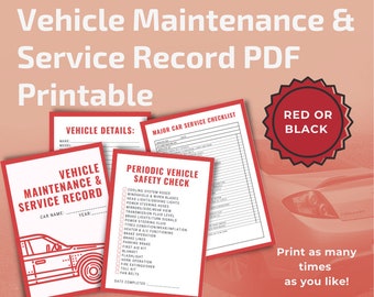 Simple Vehicle Maintenance Service Record Tracker Log Booklet Printable in A4 and A5 – Black/Red versions - Instant Digital Download