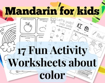 Chinese Activity Work Sheets for Kids (Learn about colors) 17 Pages digital printable pdf product + Bonus Flash Cards For Learning