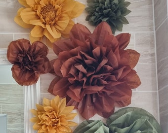 Decoraciones de otoño, papel marrón, flores de pompones, bodas, fondo de pared de flores, cumpleaños, multicolor, otoño