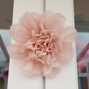 May include: A large, blush pink tissue paper flower. The flower is made of multiple layers of tissue paper and has a ruffled, delicate appearance.