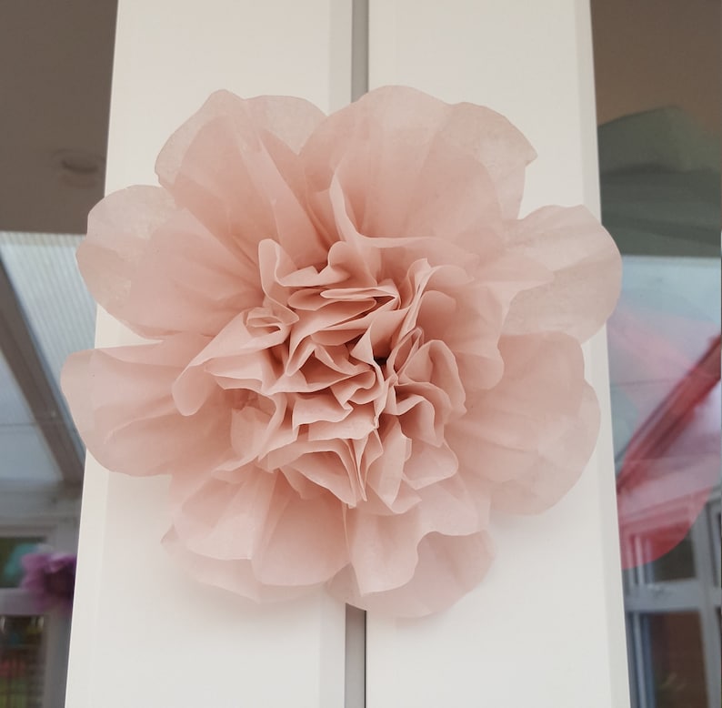 May include: A large, blush pink tissue paper flower. The flower is made of multiple layers of tissue paper and has a ruffled, delicate appearance.