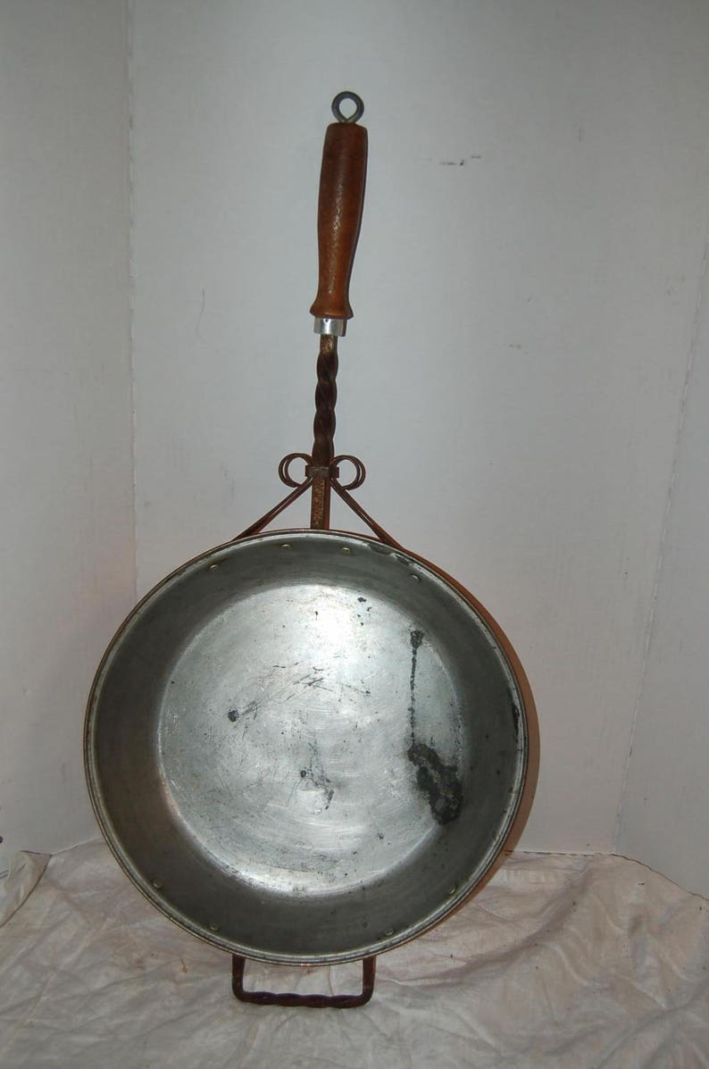 Antique Copper Hearthware LARGE Pan w/ Riveted twist Wrought image 1