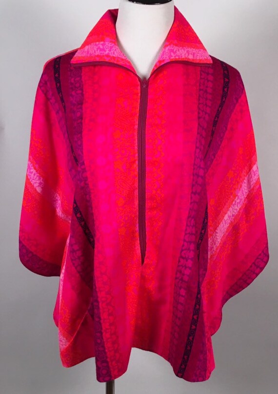 Vintage Hot Pink And Red 1970's Poncho Shirt Zippe