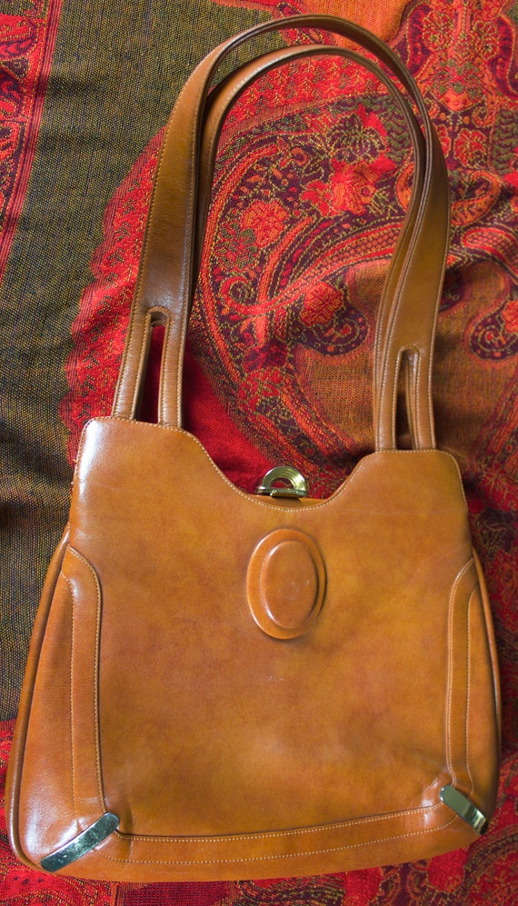 Tan Vinyl Shoulder Handbag with Mirror Inside