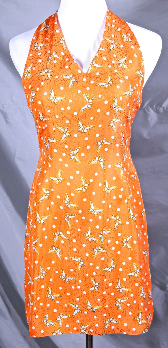 Vintage Orange Halter Mini Dress with Butterfly