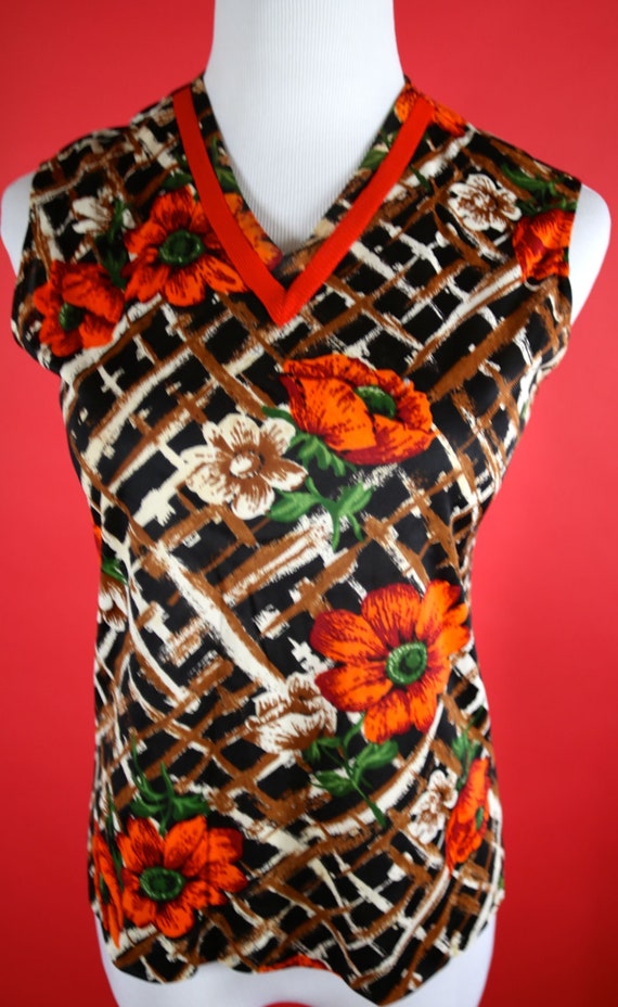 1970's Brown Sleeveless Blouse with Orange Flowers