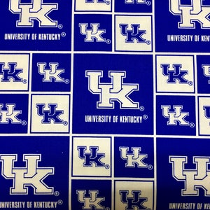 May include: A blue and white fabric with a repeating pattern of the University of Kentucky logo. The logo is white with a blue outline and the words "University of Kentucky" are written in blue below the logo.