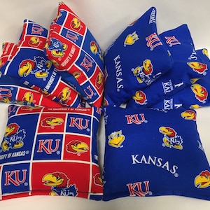 KANSAS JAYHAWKS 8 Cornhole Bags Bean Toss Print 2 Sides