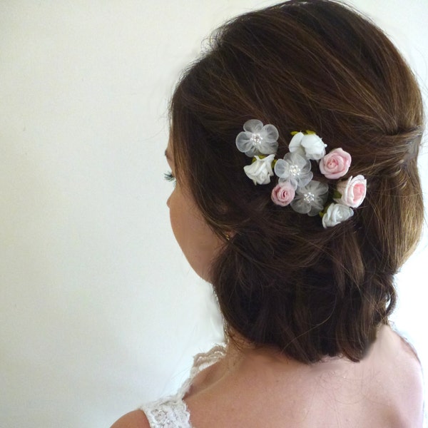 Bespoke White Pink & Ivory rose flower wedding bridal hair clips x 9