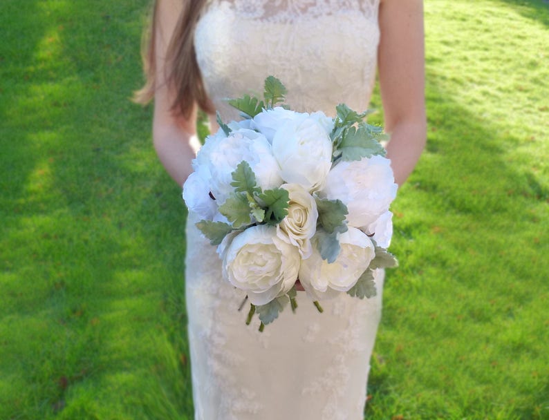 Bespoke Silk Peony Rose and Lambs Ear flower wedding bridal bouquet silk artificial