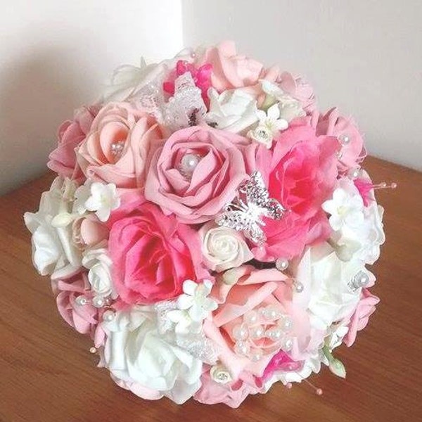 Bespoke Bright pink, peach, pastel pink and ivory roses wedding bridal bouquet country style