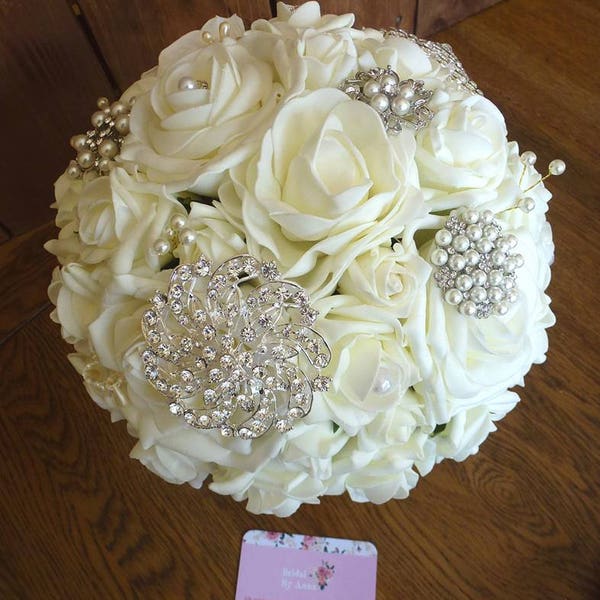 Bespoke Ivory & White Pearl Brooch flower roses wedding bridal bouquet