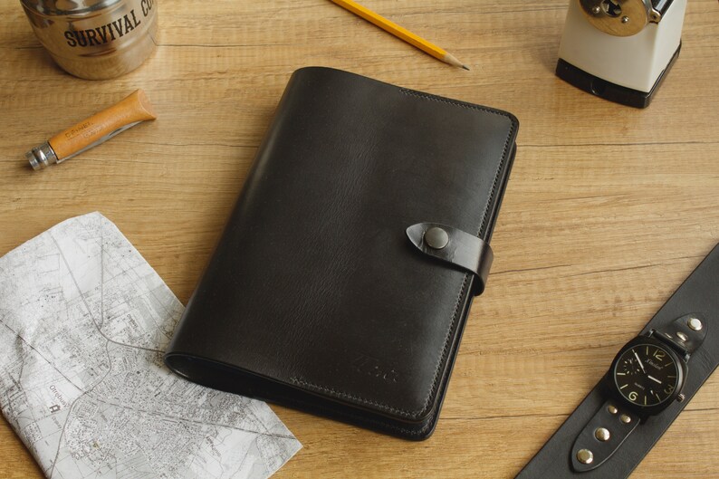 A5 moleskine black leather notebook cover with snap closure Etsy