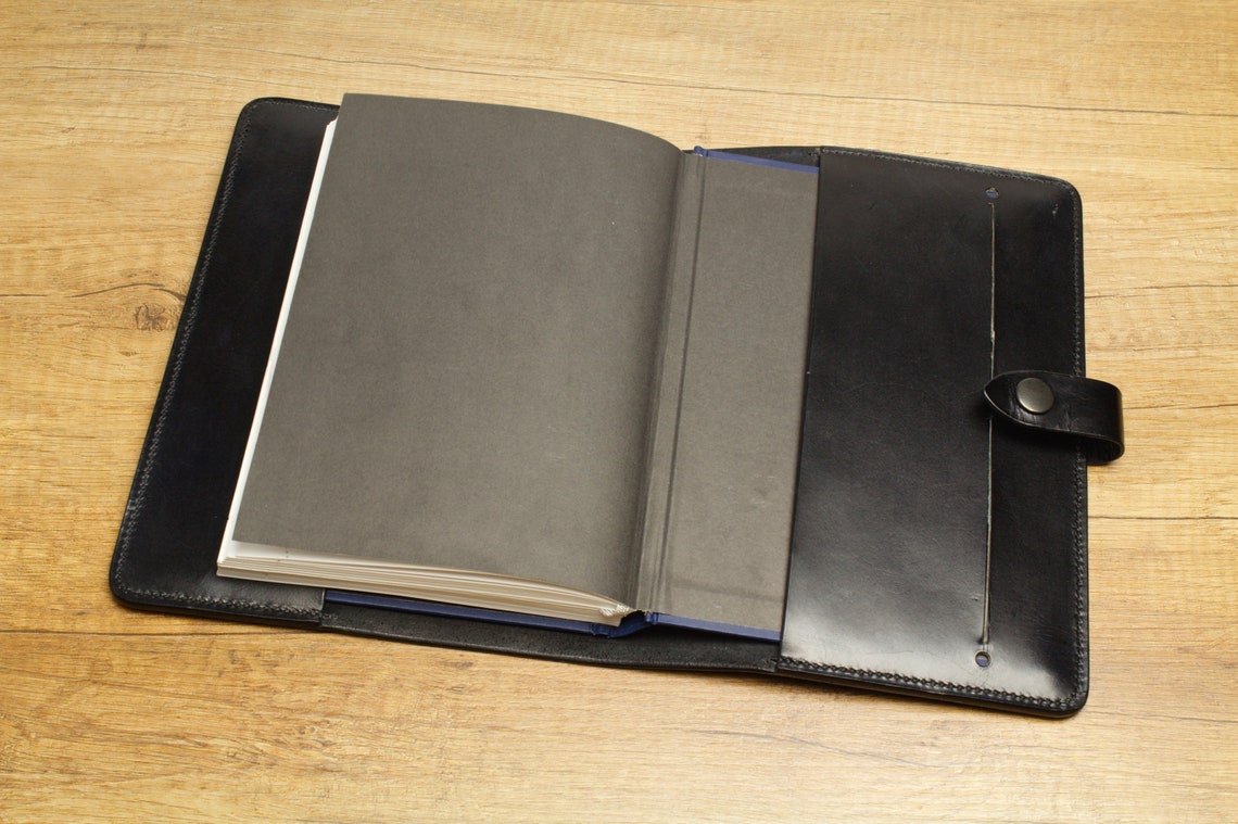 A5 moleskine black leather notebook cover with snap closure Etsy