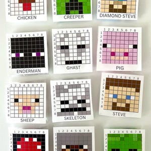 Könnte beinhalten: Ein Satz von 12 Pixel-Art-Charakterkarten mit Minecraft-Charakteren. Jede Karte hat ein Raster mit den Zahlen 1 bis 8 oben und an der Seite. Die Charaktere sind Chicken, Creeper, Diamond Steve, Enderman, Ghast, Pig, Sheep, Skeleton, Steve, Squid, Wolf und Zombie.