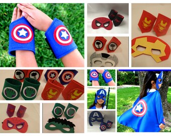 Superhero masks & cuff sets - Superhero Birthday party favors, costume, cosplay masks, wristbands/armbands, capes,