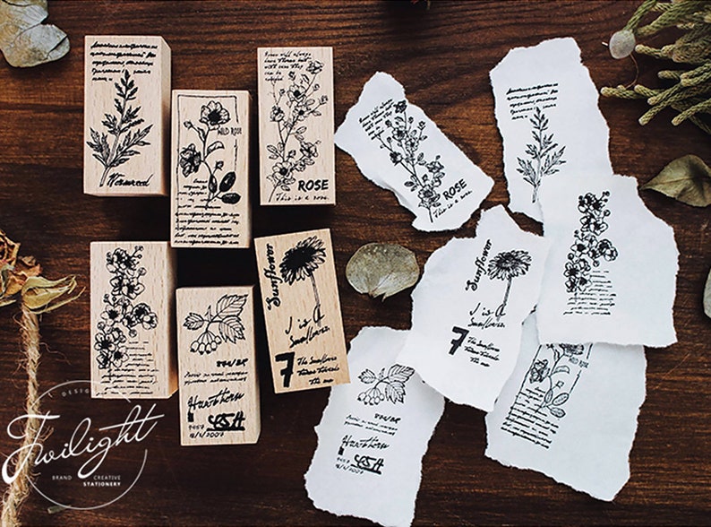 Diary Stamp Set Flowers Stamps Vintage Wooden Rubber Stamps Plants Stamp Set Leaves Stamps