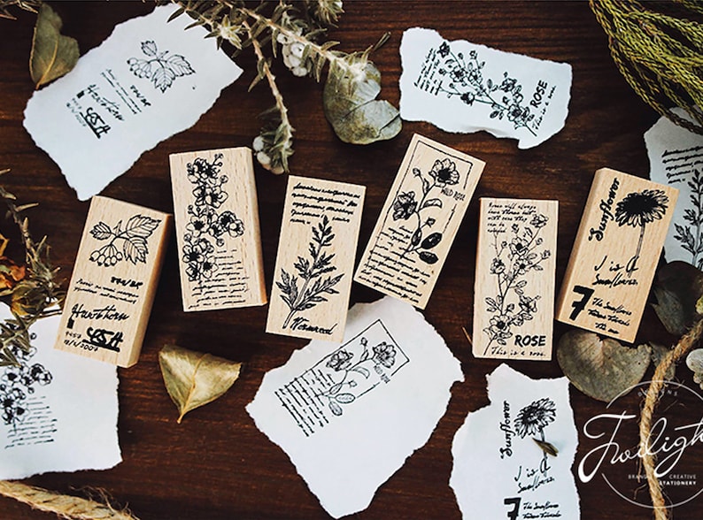 Diary Stamp Set Flowers Stamps Vintage Wooden Rubber Stamps Plants Stamp Set Leaves Stamps