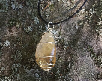 Reiki Necklace, Citrine Pendant on Black Leather, Golden Crystal Necklace, Unisex Mens Womens Yellow Stone Pendant, Solar Plexus Chakra