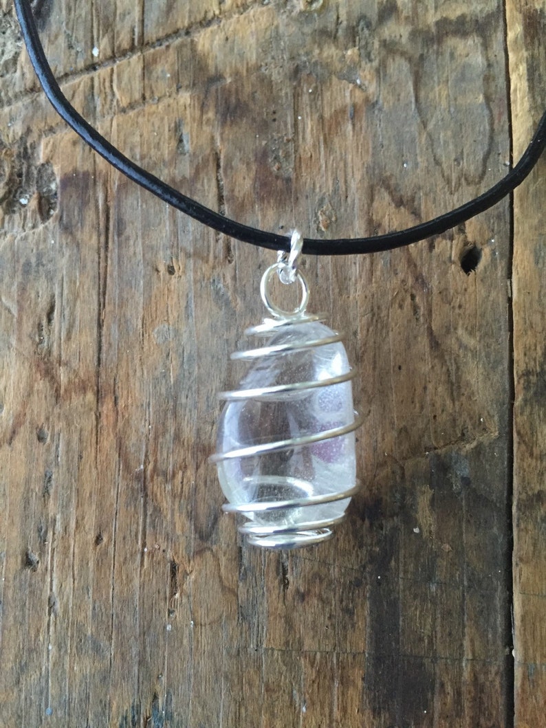 Rock Crystal Necklace, Quartz Pendant, Unisex Jewelry, Quartz on Leather Necklace, Reiki Stone Charm, Crown Chakra, Balancing and Energizing image 1