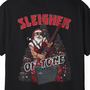 May include: Black t-shirt with a graphic of Santa Claus playing a guitar in front of an amplifier. The text "Sleigher of Tone" is above Santa.