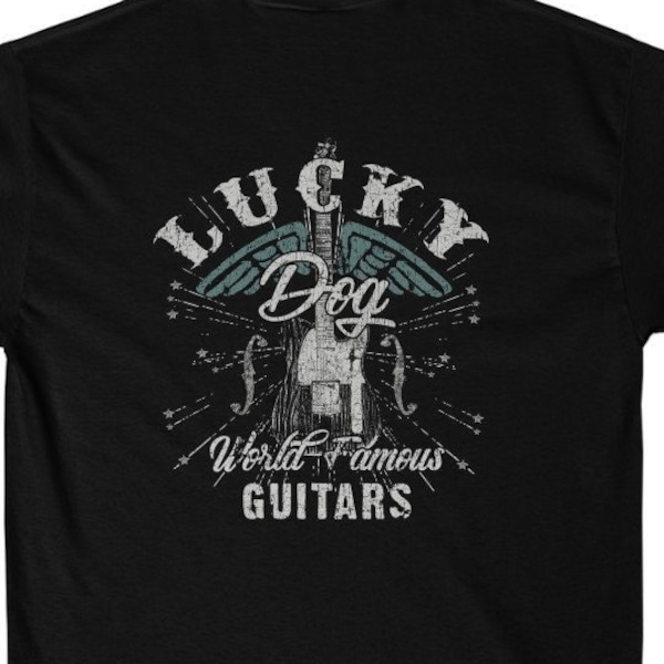 Lucky Dog Guitars (BACK print + Pocket logo) T-shirt Mississippi Blues Guitar Retro Vintage Merica Nashville Guitar Pedal Amp