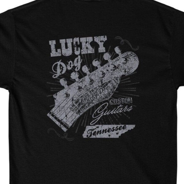 2021 Lucky Dog Guitars Headstock (Back Design) Rétro Rock-n-Roll T-shirt Cowboy Guitar vintage Hotrod Country Outlaw Nashville TN Tennessee