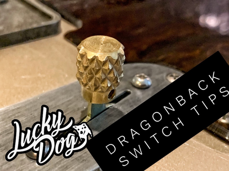 Puede incluir: Primer plano de una perilla de interruptor de color dorado con un patr&oacute;n de diamante. El interruptor est&aacute; etiquetado como "Dragonback Switch Tips" en texto negro sobre fondo blanco.