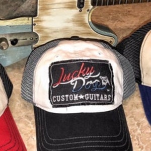 Lucky Dog Guitars white & black &quot;low profile&quot; Mesh Trucker Ball Cap Hat non-structured crown - Regular size - Multiple patch Options