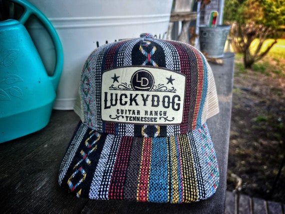 Lucky Dog Guitars High Crown beige mesh Poncho Southwest trucker Ball Cap Hat Regular size USA Truckstop cowboy