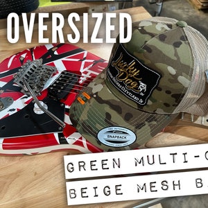 Gorra de camionero de malla con camuflaje multicam verde Lucky Dog Guitars de gran tamaño XXL (con parche bordado a elección) - Malla de camionero de gran tamaño