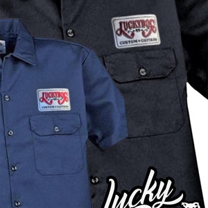 Lucky Dog Guitars work button down short sleeve shirt mechanic patch shop greaser rockabilly dickies uniform hotrod custom pickguard knobs