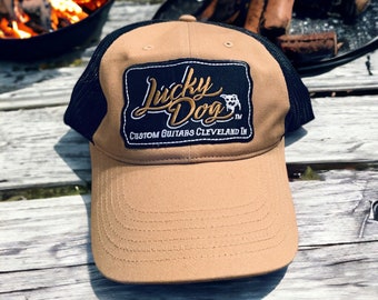 Lucky Dog Guitars XXL Big Size Tan/Black Low-Profile “soft” cotton Trucker mesh SnapBack closure-multiple patch options available.