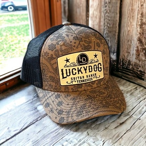 Lucky Dog Guitars unique brown paisley and black Mesh Trucker Ball Cap Hat w/ structured crown and embroidered patch- Regular size