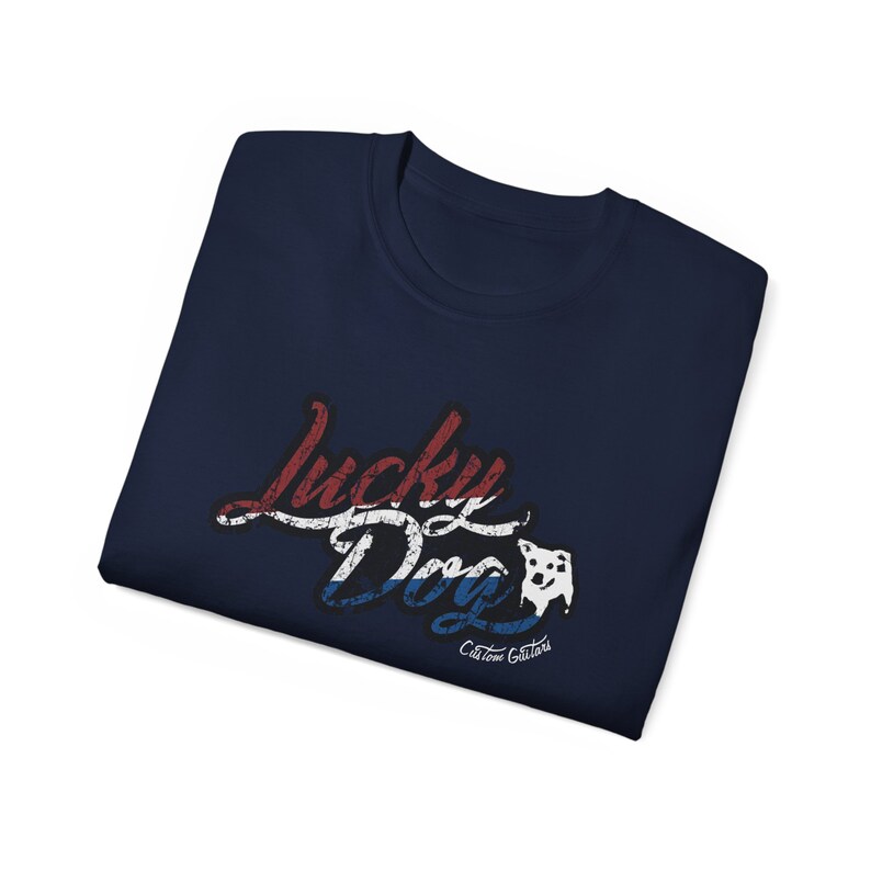 Retro Lucky Dog Guitars Red White Blue T-shirt 'Merica Logo Style OG Vintage America Patriotic Nashville Guitar Reissue image 4