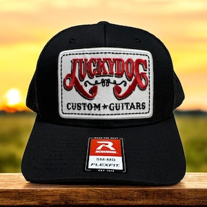 Lucky Dog Guitars Flexfit S/Med Black front and black mesh hat truckstop vintage  Stretchy back ballcap-multiple patch options available
