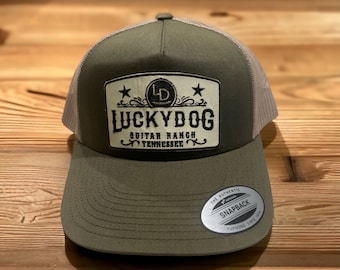 XXL Oversized Lucky Dog Guitars green/beige Mesh Trucker Mesh ball cap - 10 embroidered patch options  - hat truck stop mesh back big size