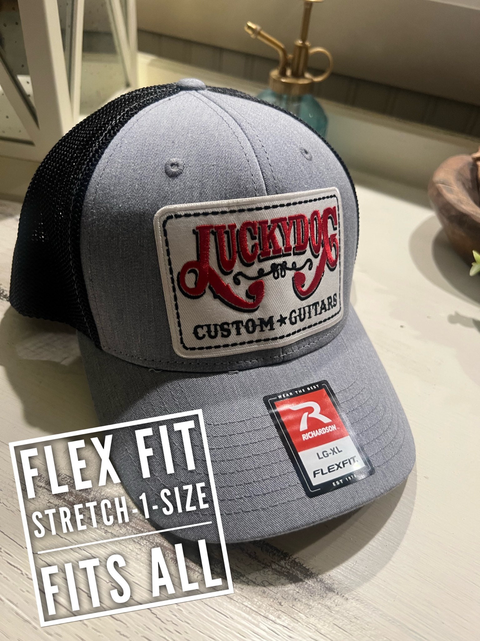 Lucky Dog Guitars Flexfit Ball Cap Heather Gray and Black Mesh Hat Truckstop Vintage Stretchy Back Ballcap multiple Patch Options Available Etsy