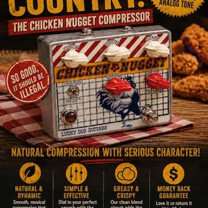 May include: A guitar effects pedal labeled "Chicken Nugget Compressor" with white knobs and red accents. The pedal features a rooster graphic and text that reads "Crispy. Greasy. Country." and "Lucky Dog Guitars."