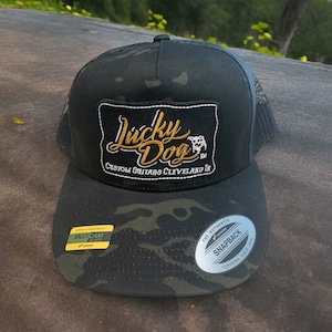 XXL Oversized Lucky Dog Guitars Black MultiCam Camo Mesh Trucker Mesh ball cap w/ choice of embroidered patch -trucker meshback big size