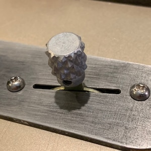 Puede incluir: Primer plano de una perilla de guitarra de color plateado con un patr&oacute;n texturizado en forma de diamante. La perilla est&aacute; montada en una placa de metal con dos tornillos.