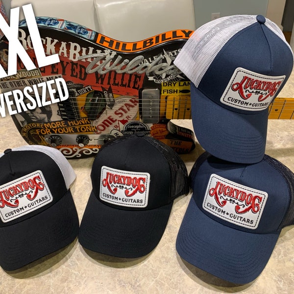 XXL Oversized Lucky Dog Guitars - 4 Colors- Trucker Mesh ball cap - embroidered patch - hat truckstop meshback big size XXL