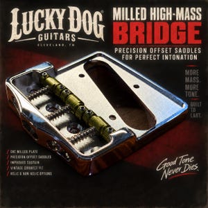 Placa de puente de guitarra Lucky Dog fresada a medida para guitarras Telecaster. Fabricada en Tennessee. Niquelada con selletas fresadas y ranuradas con CNC.