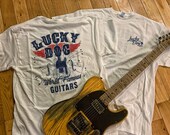 Lucky Dog Custom Guitars World Famous Guitars T-shirt red white blue Guitar Ratrod Lightning Bolt retro Rock-n-Roll USA