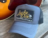 Lucky Dog Guitars charcoal & black mesh Deluxe Trucker Mesh Ball Cap Hat w/ HIGH crown- Reg. size - USA old school vintage truck stop