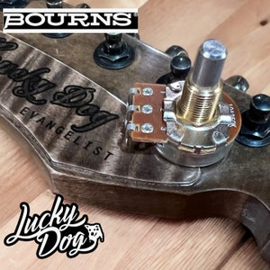 May include: Close-up of a guitar's control knob with a Bourns 1M 250K potentiometer. The knob is gold-colored and has a black plastic base. The guitar is a Lucky Dog Evangelist model with a dark wood finish.